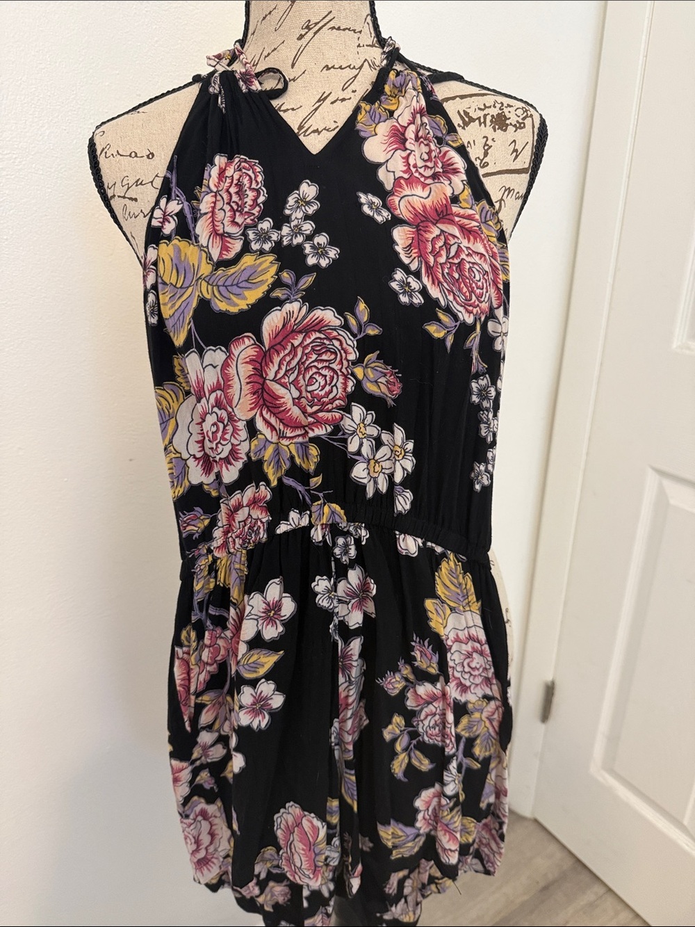 Angie Black Floral Halter Romper with Pink & Yellow Blooms